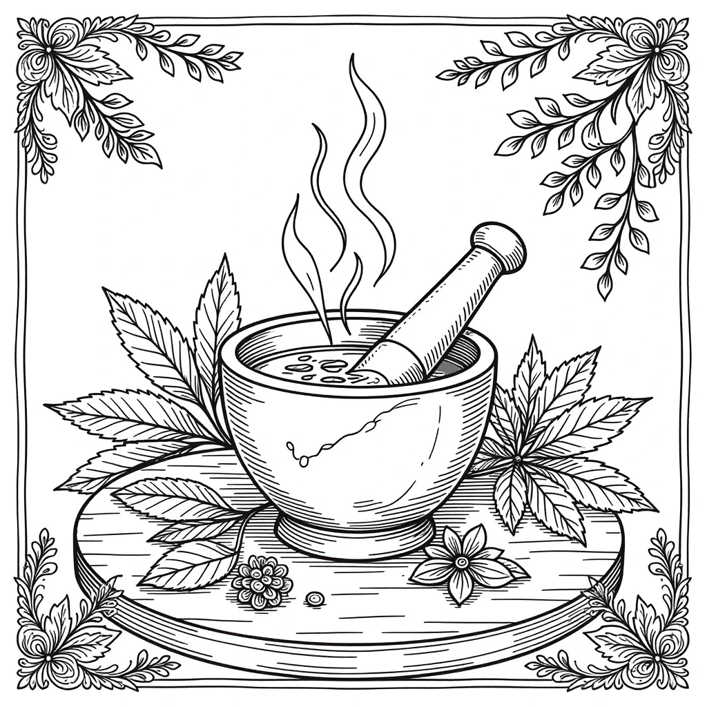 Black and white botanical mortar and pestle coloring sheet featuring herbs and flowers; a detailed coloring page printable coloring page style image suitable for kids' coloring page and coloring