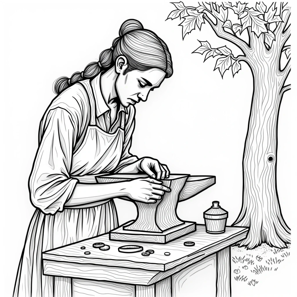 Black-and-white detailed line drawing of a woman at a workbench shaping metal on an anvil next to a tree; perfect as detailed coloring page, kids' coloring page, printable coloring page and coloring