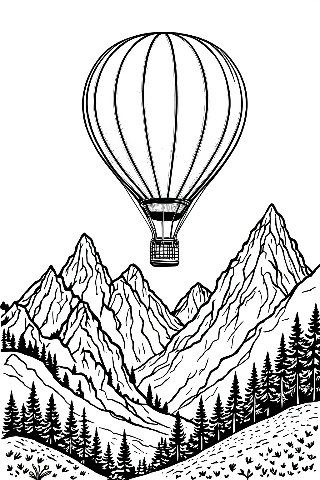 Black-and-white hot air balloon floating above rocky mountain peaks and forests detailed coloring page / kids' coloring page / printable coloring page / coloring sheets for nature and travel scenes.