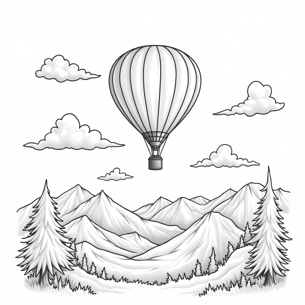 Black-and-white printable coloring sheet of a hot air balloon floating above mountains, pine trees, and clouds detailed coloring page, kids' coloring page, printable coloring page, coloring sheets.