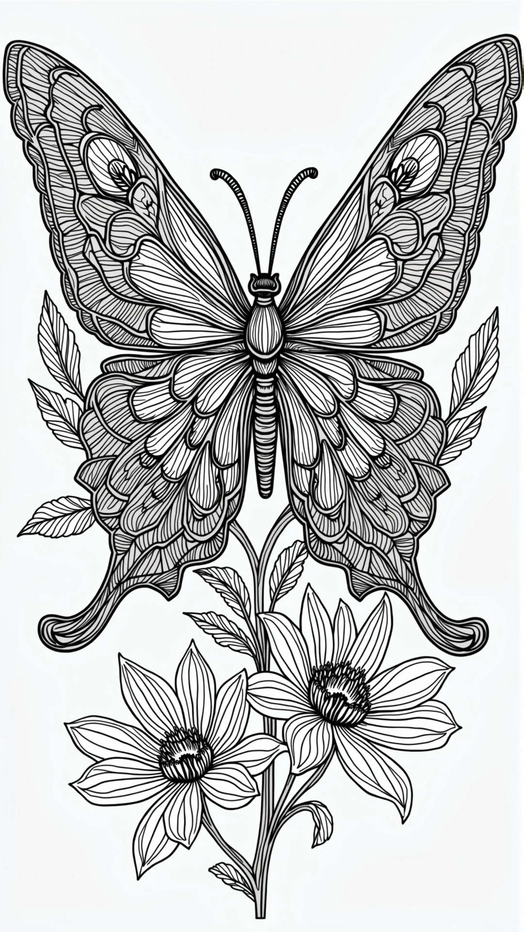 Intricate line-art butterfly over wildflowers an animal, spring-themed design with mandala-inspired wings; great for detailed coloring page, kids' coloring page, printable coloring page use, and