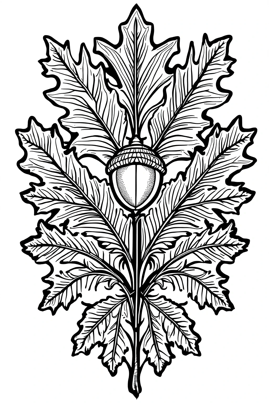 Black and white illustration of an oak leaf cluster with a central acorn, ideal for fall coloring page. Great for detailed coloring page, kids' coloring page, a printable coloring page, and coloring
