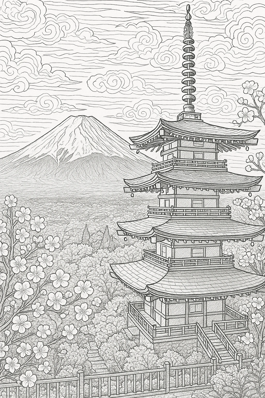 Black-and-white pagoda and Mount Fuji scene for a printable coloring page, detailed coloring page with cherry blossoms, kids' coloring page and coloring sheets for spring.