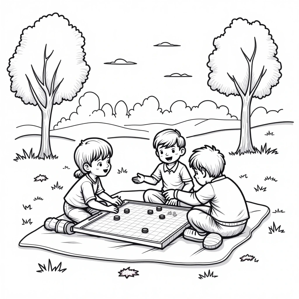 Black-and-white coloring page of three children playing a board game on a picnic blanket in a park with trees people coloring page theme. Ideal for spring coloring page, summer coloring page, and fall
