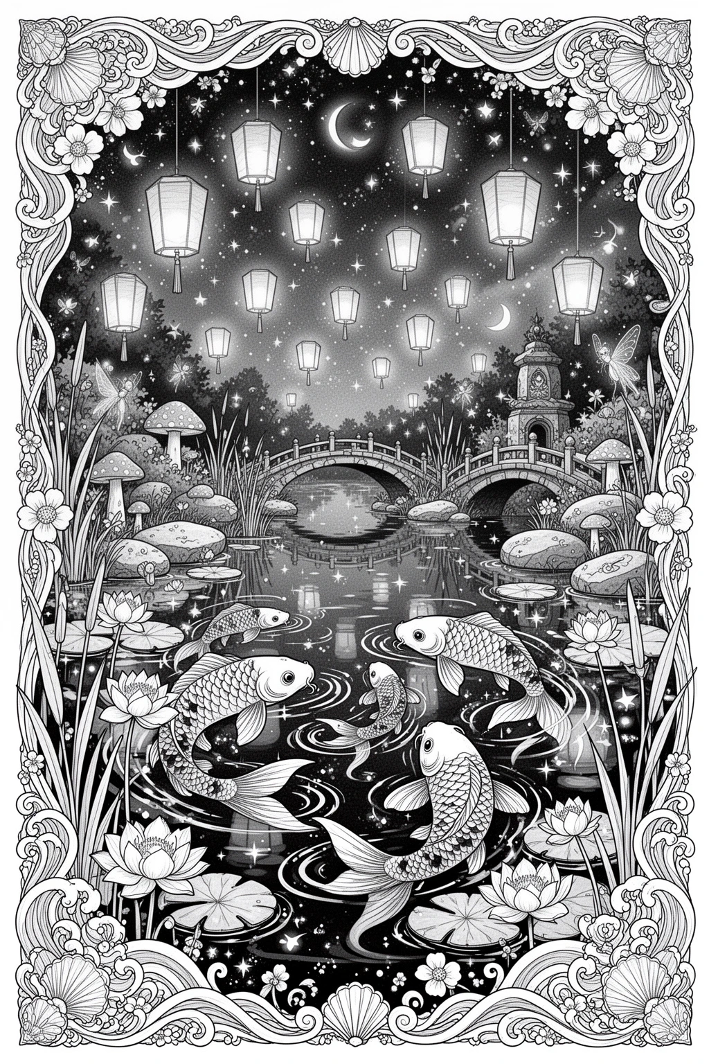 MAGICAL KOI Lantern Dream Printable coloring page.