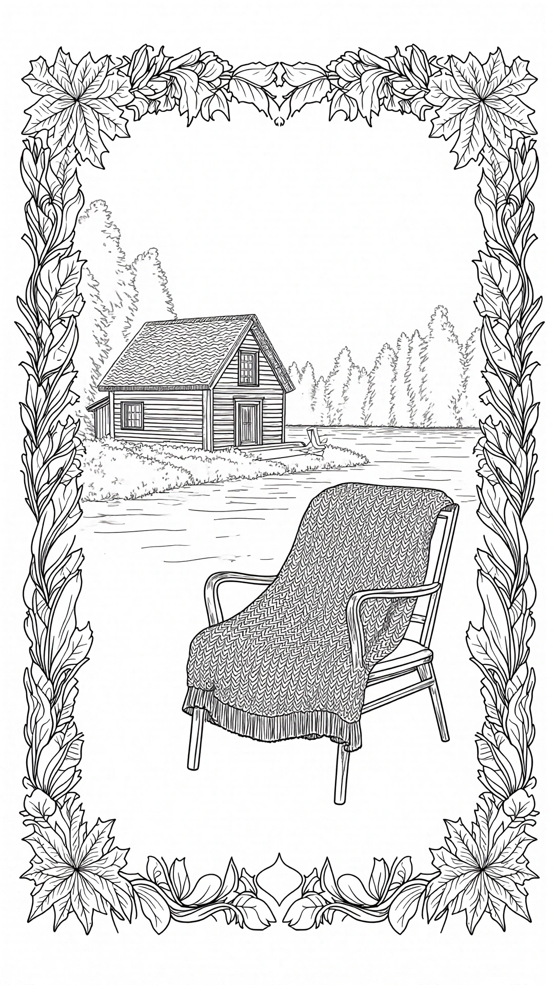 Black-and-white line art of a lakeside log cabin with a chair and knitted blanket framed by leaves; ideal for detailed coloring page and kids' coloring page; printable coloring page coloring sheets