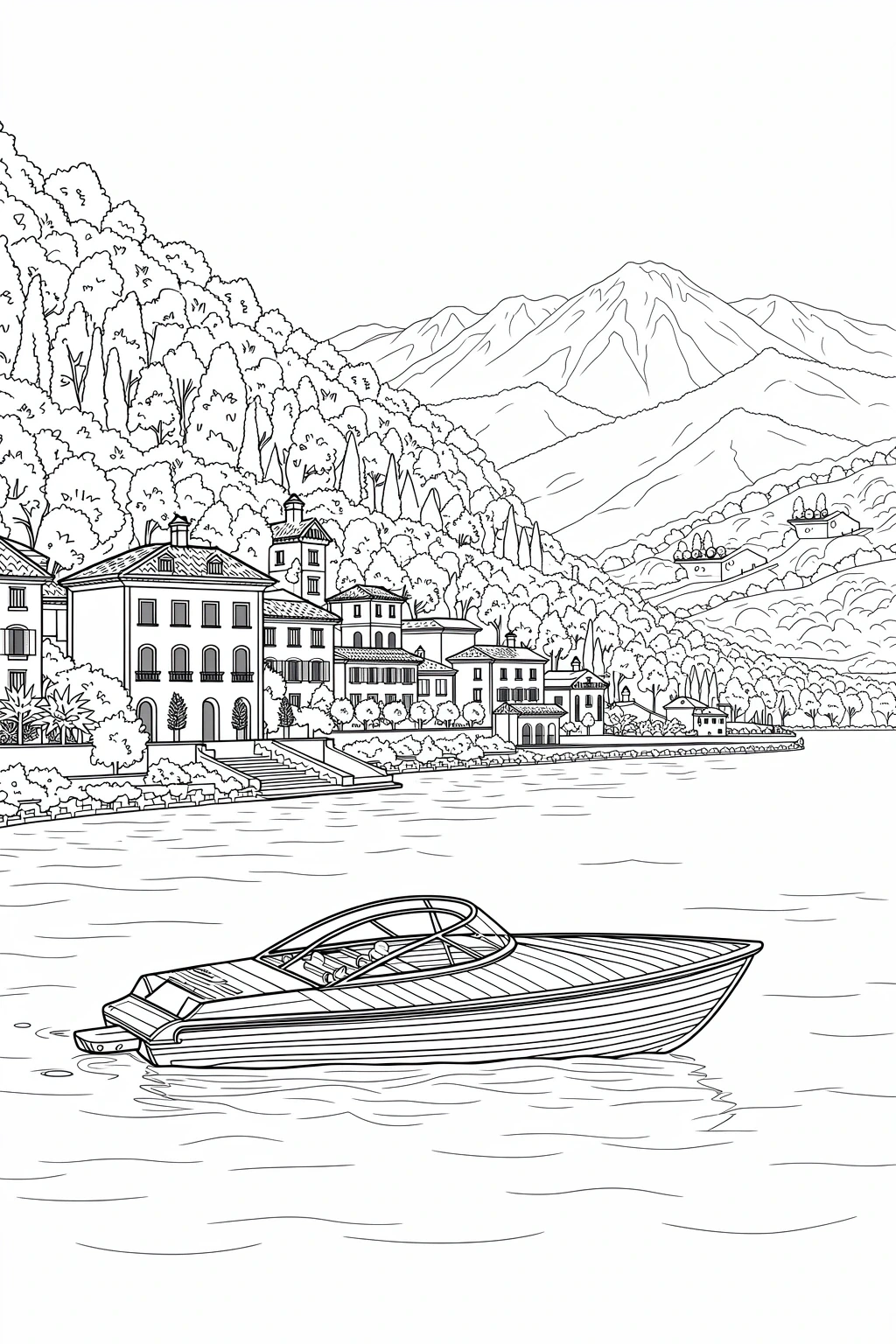 Line-art lakeside village and speedboat coloring page detailed coloring page for a printable coloring page, kids' coloring page and coloring sheets; peaceful summer/spring scene with houses, trees.