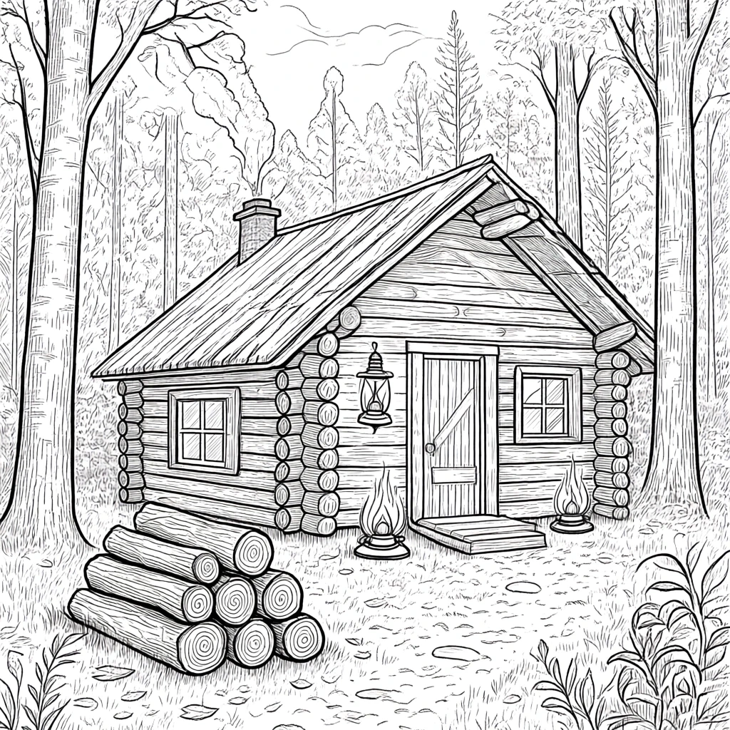 Black-and-white log cabin scene: detailed coloring page of a wooden cottage in the forest, perfect kids' coloring page and a printable coloring page style coloring sheets for fall and nature.