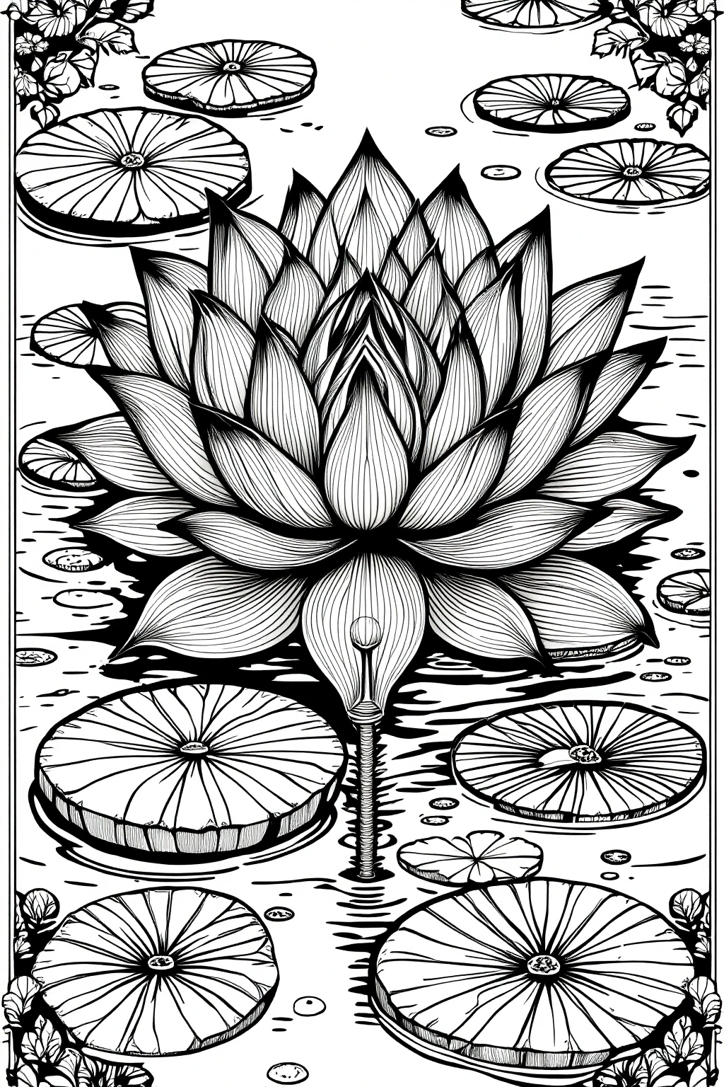 Black-and-white detailed lotus waterlily illustration with lily pads intricate mandala-style floral design ideal for detailed coloring page, kids' coloring page, printable coloring page entries and