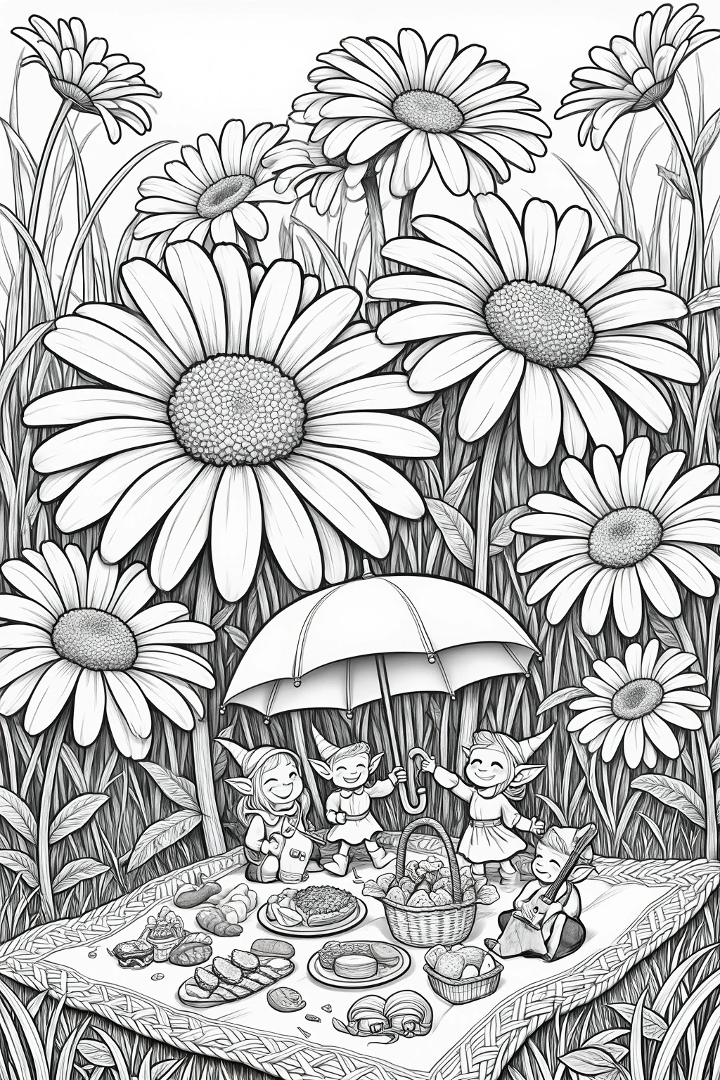 Black-and-white detailed coloring page of a magical spring picnic with fairy people under a large umbrella, surrounded by giant flowers and grass. A whimsical printable coloring page scene with kids'