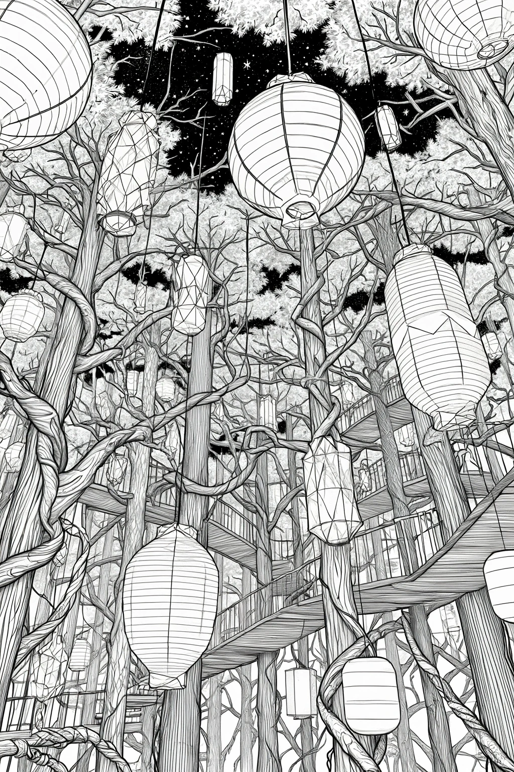 Black and white detailed coloring page of a magical treehouse forest with hanging lanterns, twisting trees, and intricate branches for kids' coloring page, detailed coloring page, printable coloring