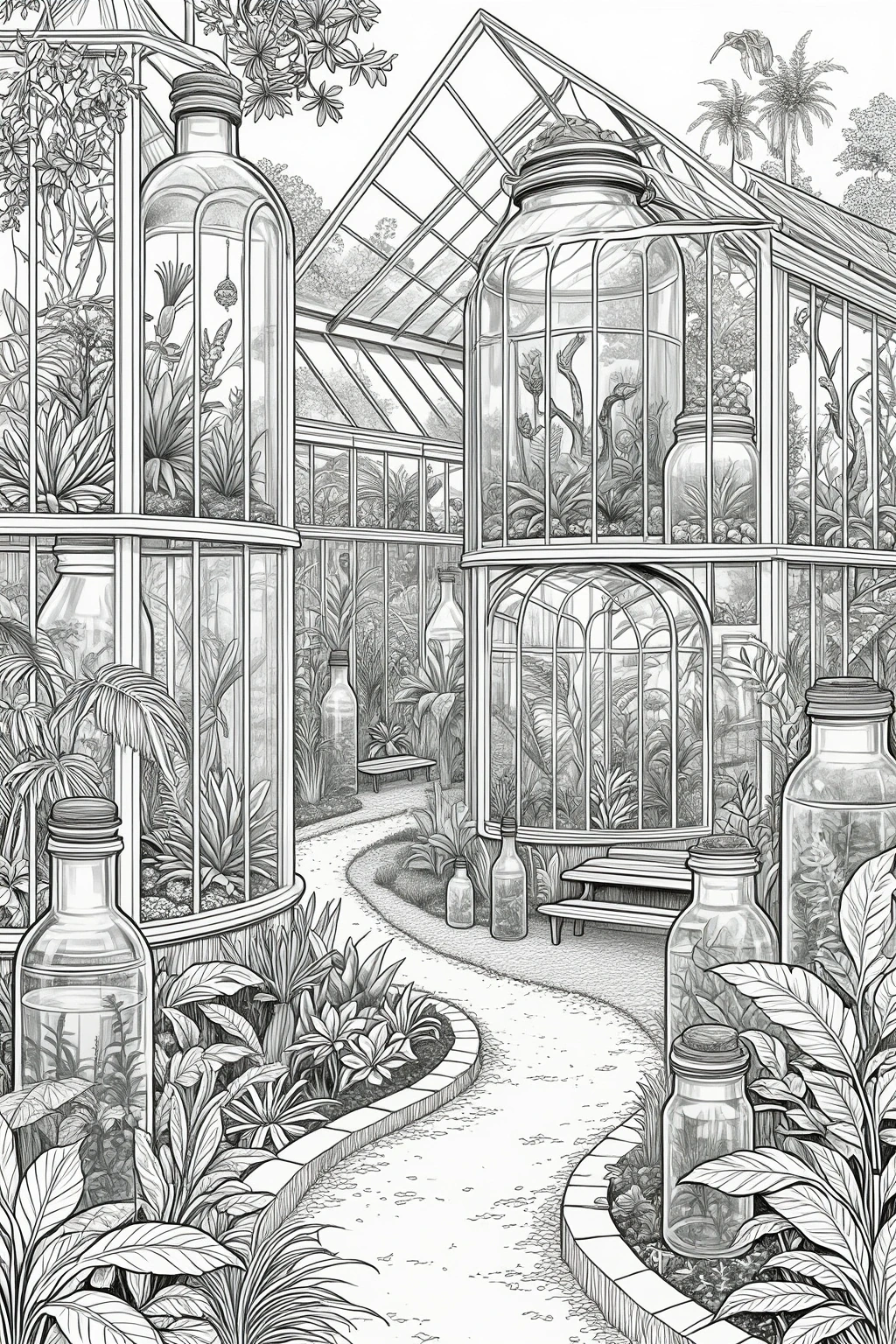 Detailed black-and-white coloring page of a magical greenhouse garden with glass conservatories, tropical plants, winding paths, and decorative bottles, designed as printable coloring page art and