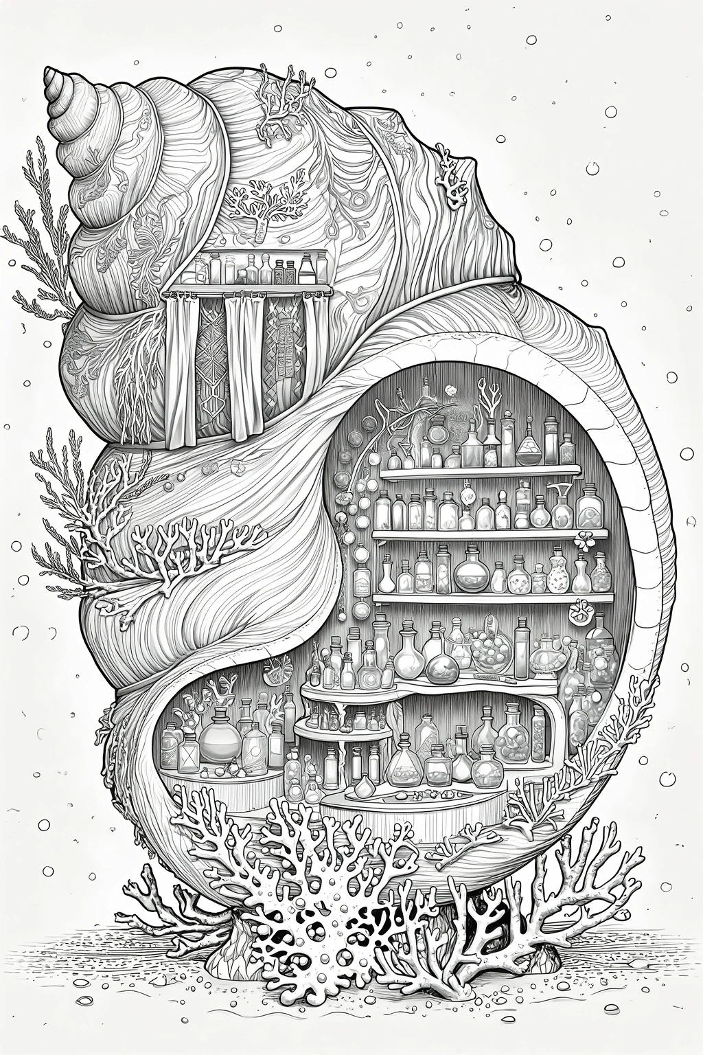 Black and white detailed coloring page illustration of a giant seashell-shaped fantasy shelf filled with bottles, coral, and underwater decor, ideal for kids' coloring page, printable coloring page