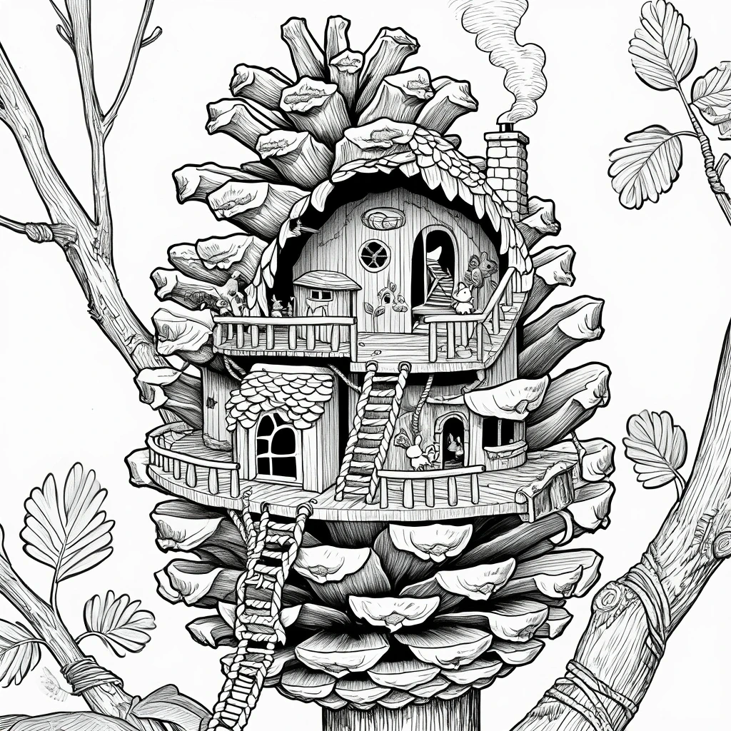 Black and white detailed coloring page illustration of a magical treehouse built inside a giant pinecone with ladders, balconies, smoke rising from a chimney, and woodland branches around it; perfect