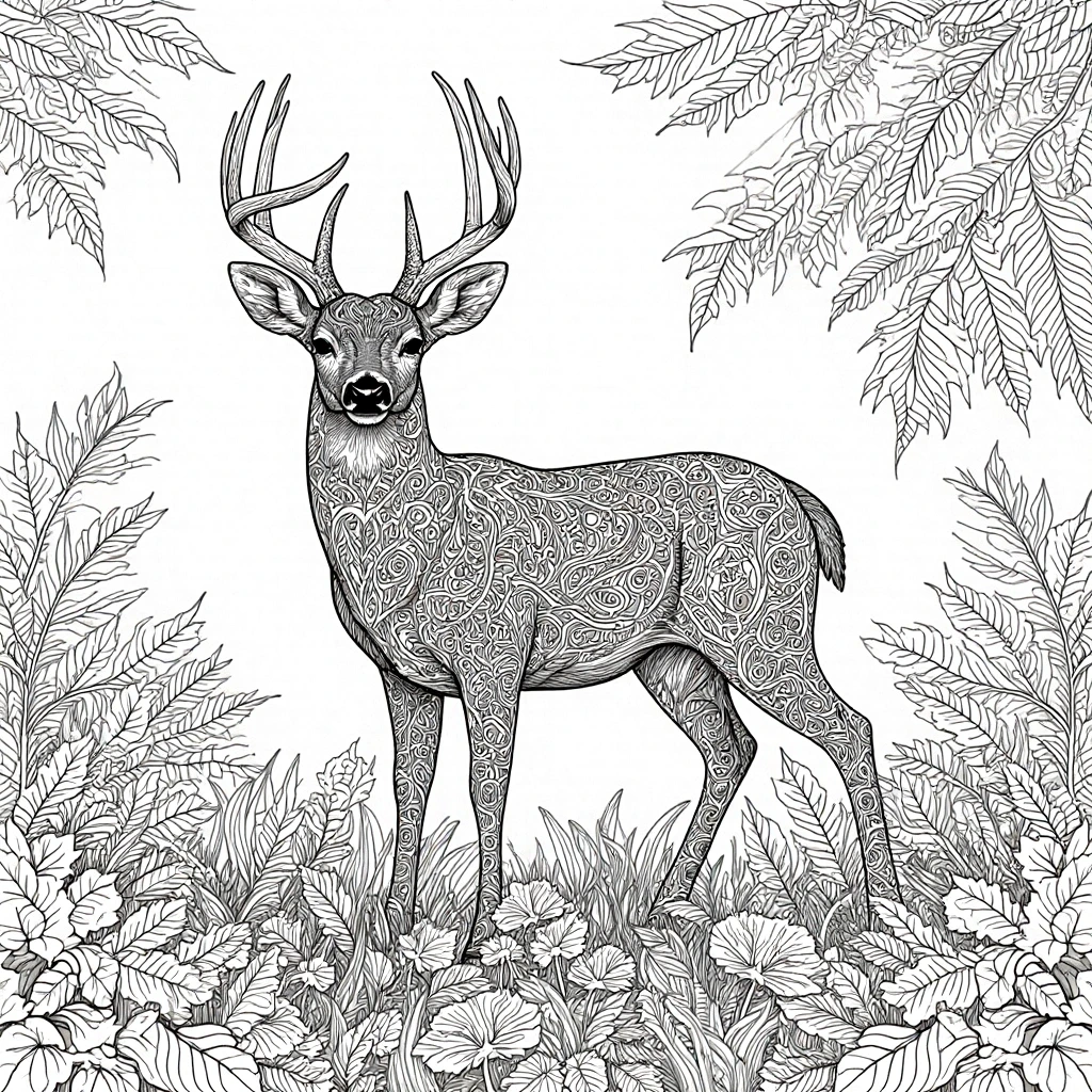 Detailed coloring page of a majestic deer surrounded by nature, part of.