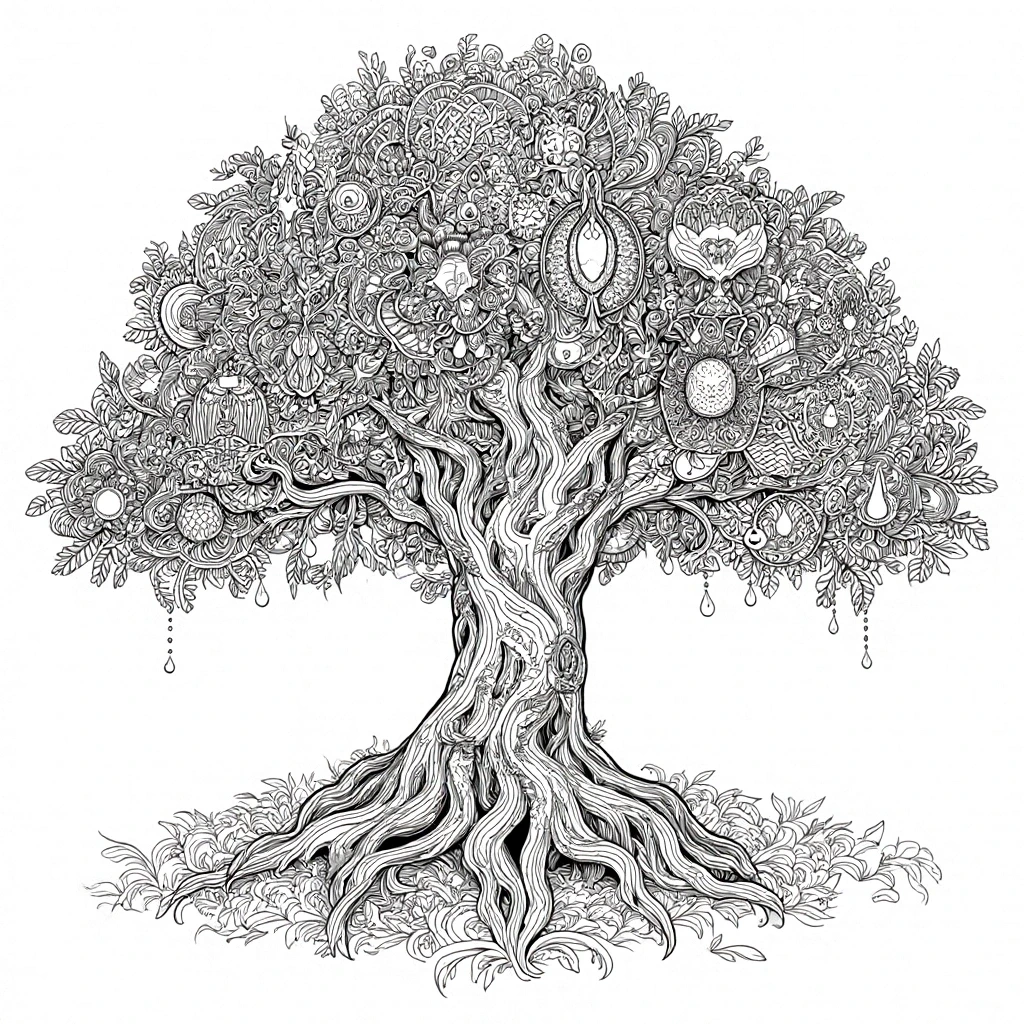 Intricate black-and-white Tree of Life illustration with mandala-style patterns and ornaments; ideal for detailed coloring page, kids' coloring page, printable coloring page collections, and coloring