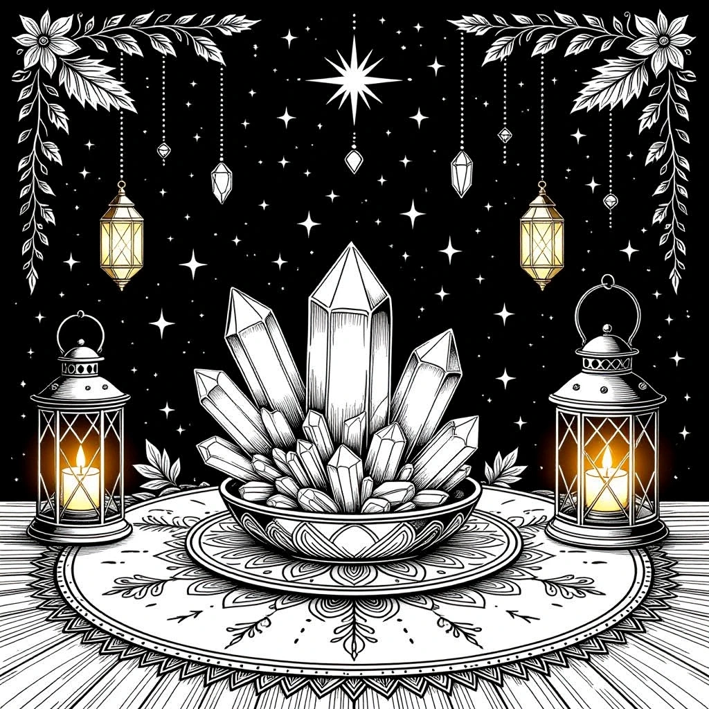 Black-and-white mystical mandala with crystal cluster in a decorative bowl, lanterns, hanging gems and stars detailed coloring page, kids' coloring page, printable coloring page and coloring sheets.