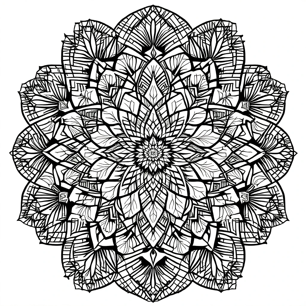 Black and white mandala coloring page with floral patterns, ideal detailed coloring page, kids' coloring page, printable coloring page and coloring sheets for relaxation and creativity.