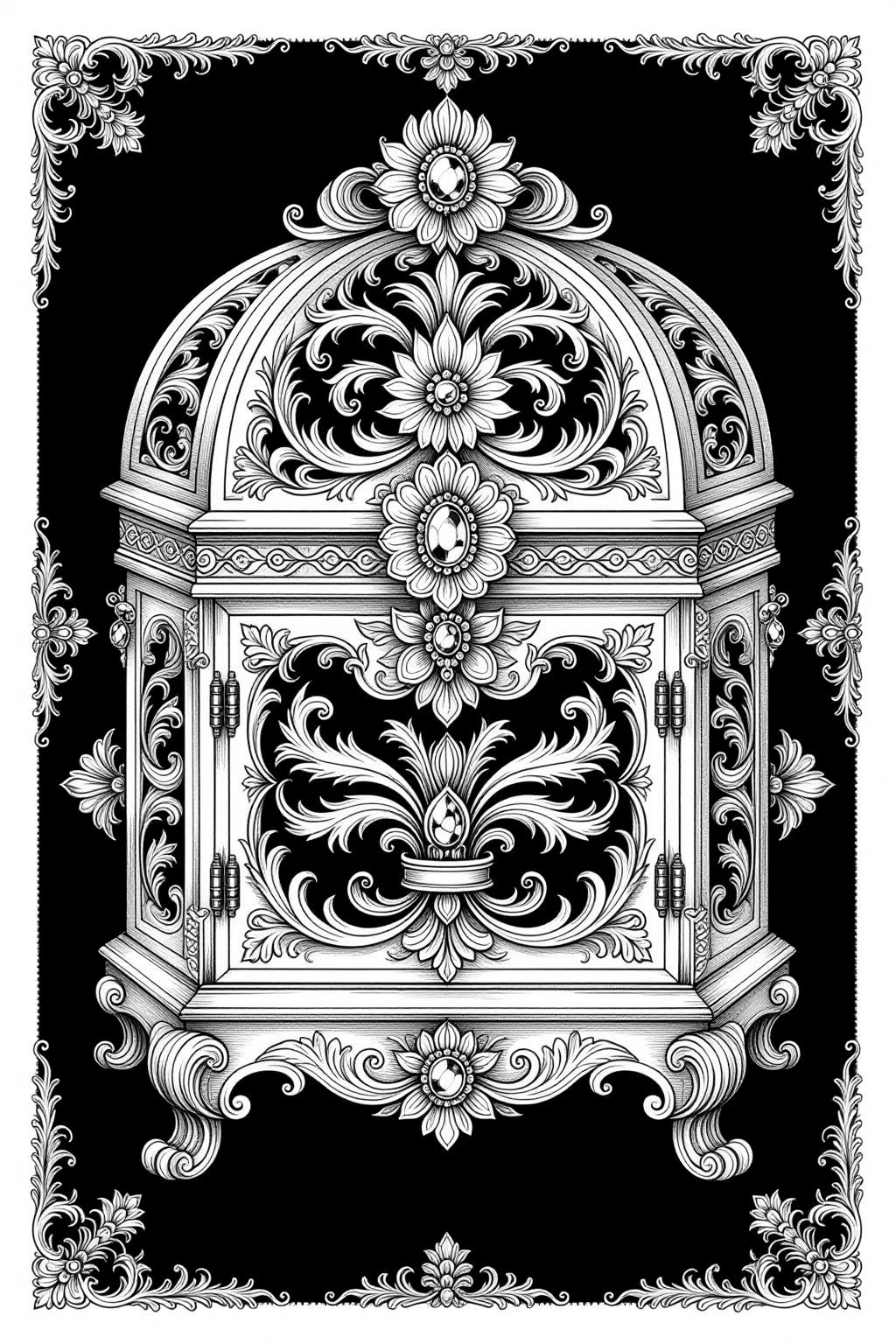Ornate floral cabinet mandala line art for coloring high-contrast detailed coloring page and coloring sheets suitable for a printable coloring page, adults and kids' coloring page.
