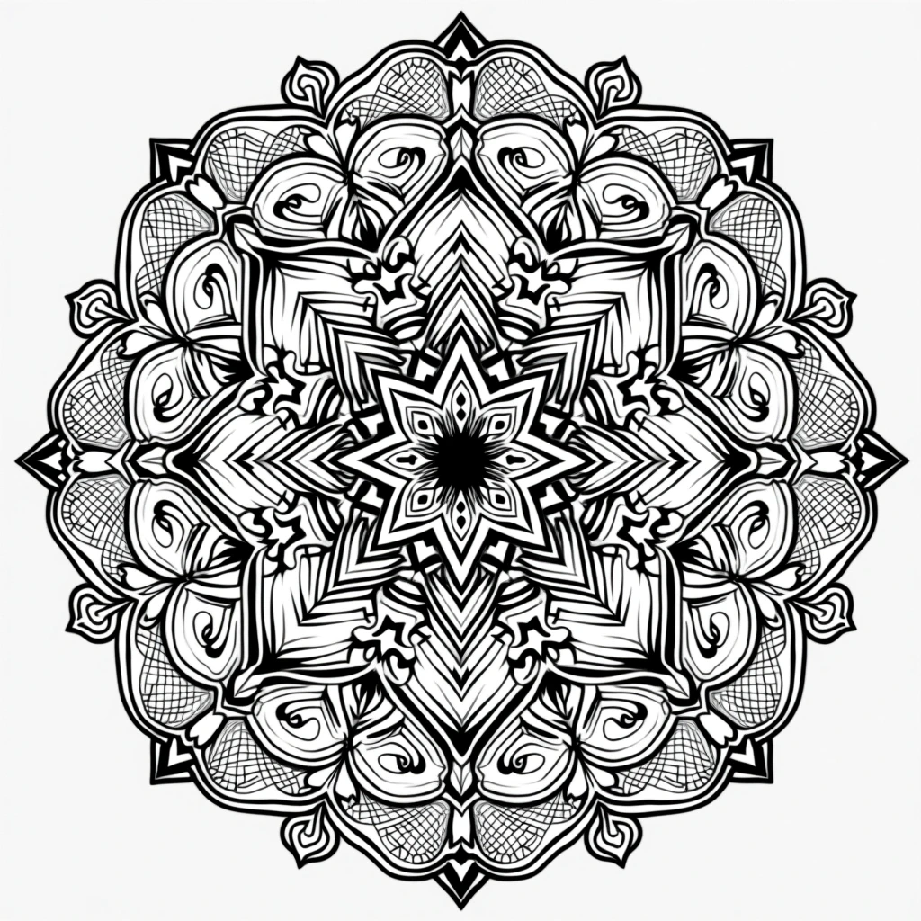 Black and white mandala coloring page with intricate patterns and floral shapes a detailed coloring page design suitable for kids' coloring page, printable coloring page and coloring sheets for all