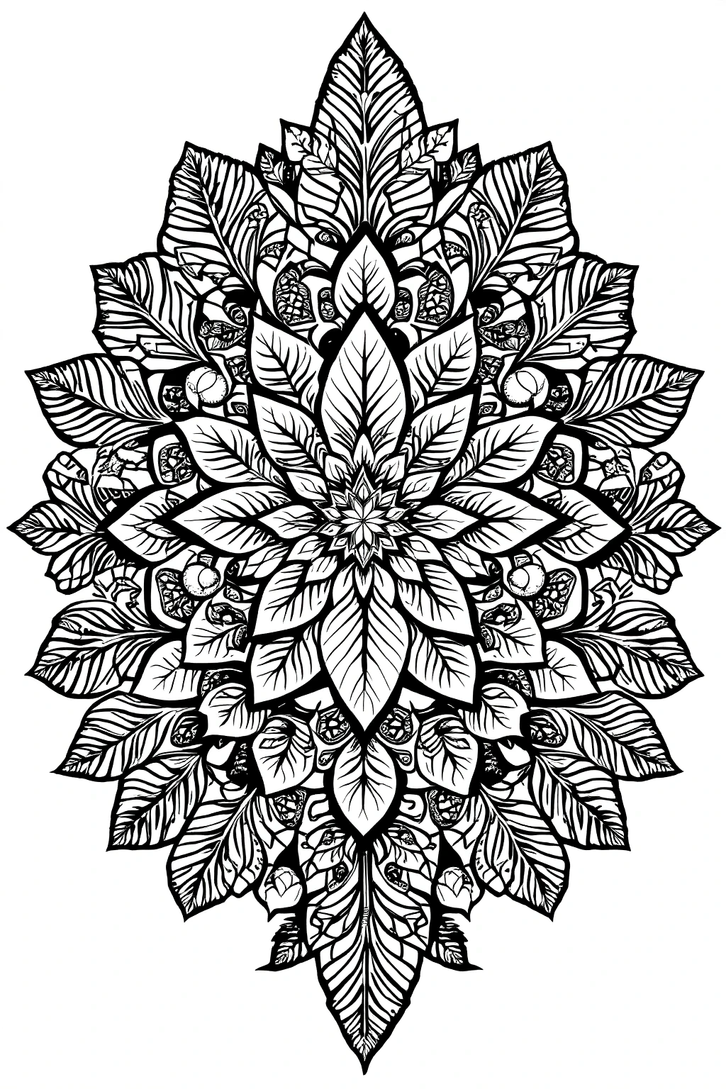 Intricate mandala floral design with layered leaves detailed coloring page for adults and kids, kids' coloring page, printable coloring page and coloring sheets for spring, fall, mandala and nature