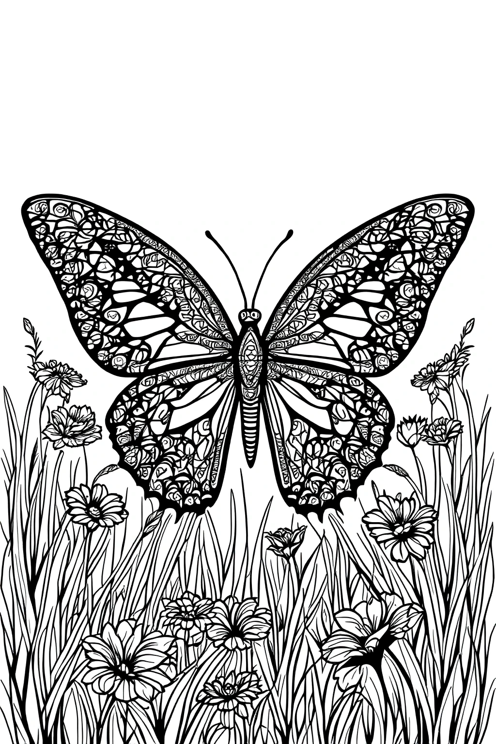 Black-and-white line art of an animal butterfly with mandala-style wings above spring wildflowers; ideal for detailed coloring page, kids' coloring page, printable coloring page, and coloring sheets