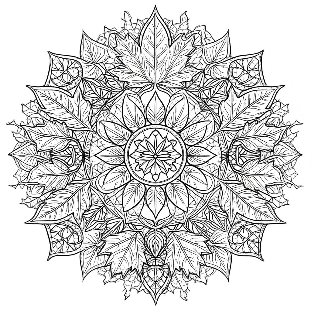 Black and white detailed mandala made of leaves and petals a printable coloring page style page with intricate lines for detailed coloring page, kids' coloring page, printable coloring page and