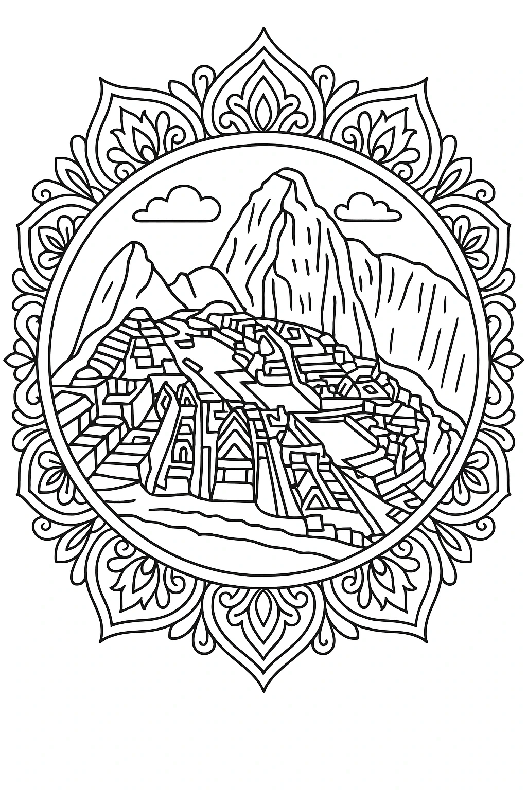 Black and white mandala mountain landscape coloring page with terraces and peaks detailed coloring page, kids' coloring page, printable coloring page, coloring sheets, mandala, spring, summer.