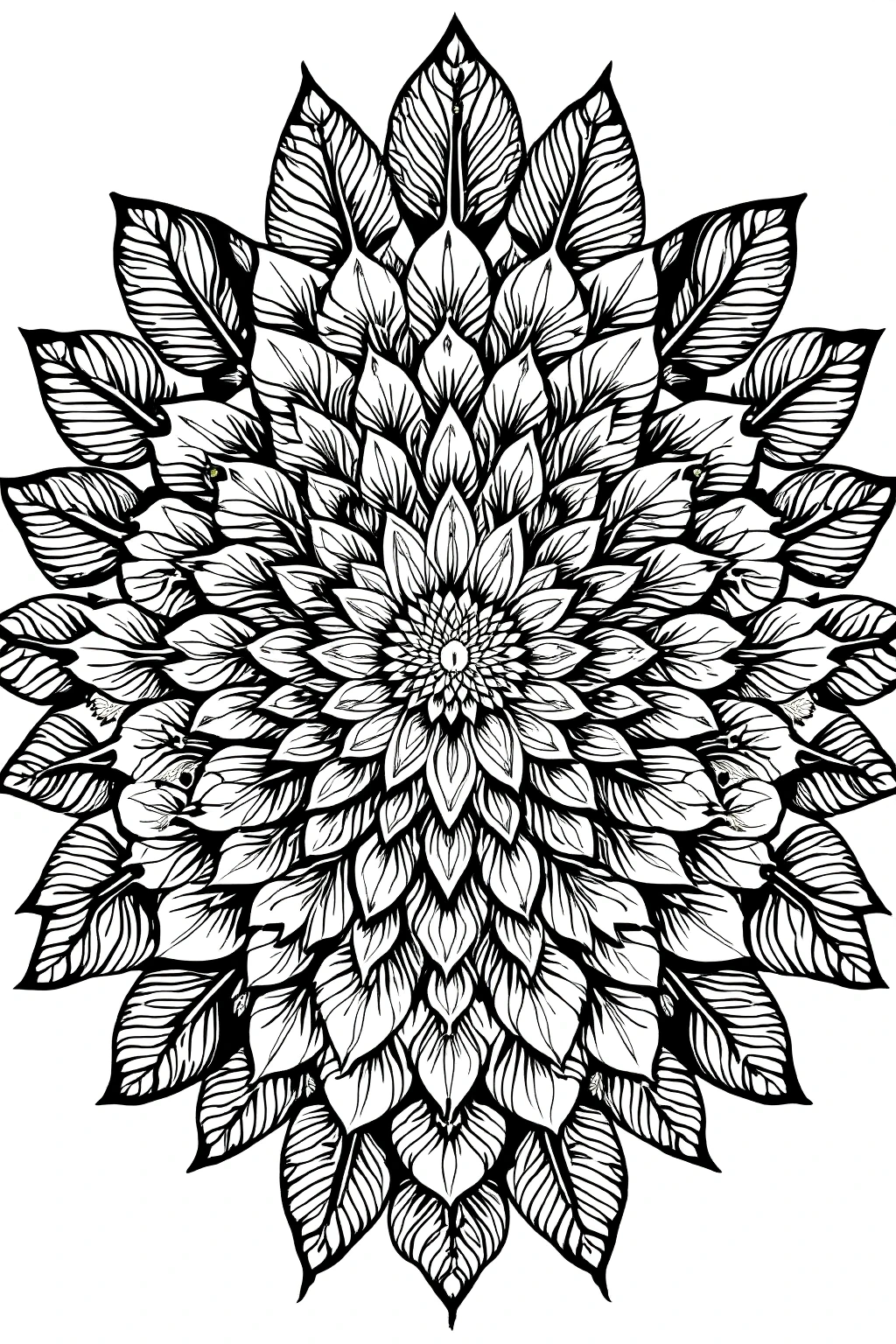 Black-and-white intricate floral mandala coloring page detailed coloring page, kids' coloring page, printable coloring page, coloring sheets for adults and children.