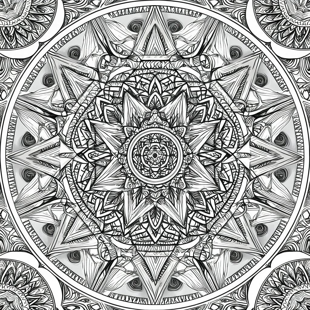 Black and white intricate mandala coloring page with layered geometric petals, circular patterns, and detailed decorative line art for a printable coloring page and coloring sheets. Great for detailed