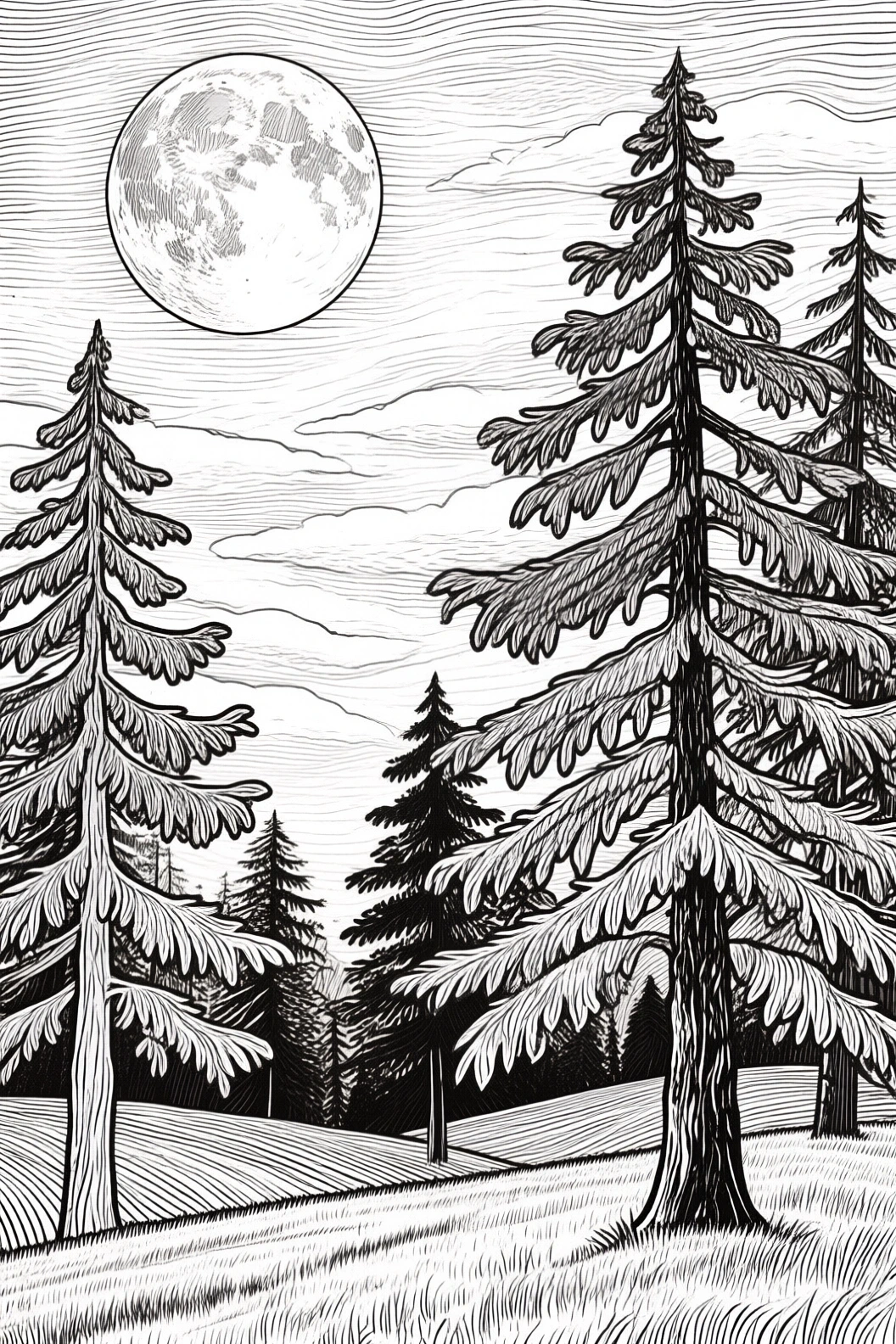 Moonlit pine forest line art for a printable coloring page featuring detailed coloring page, kids' coloring page, printable coloring page and coloring sheets with tall evergreen trees and a full moon.