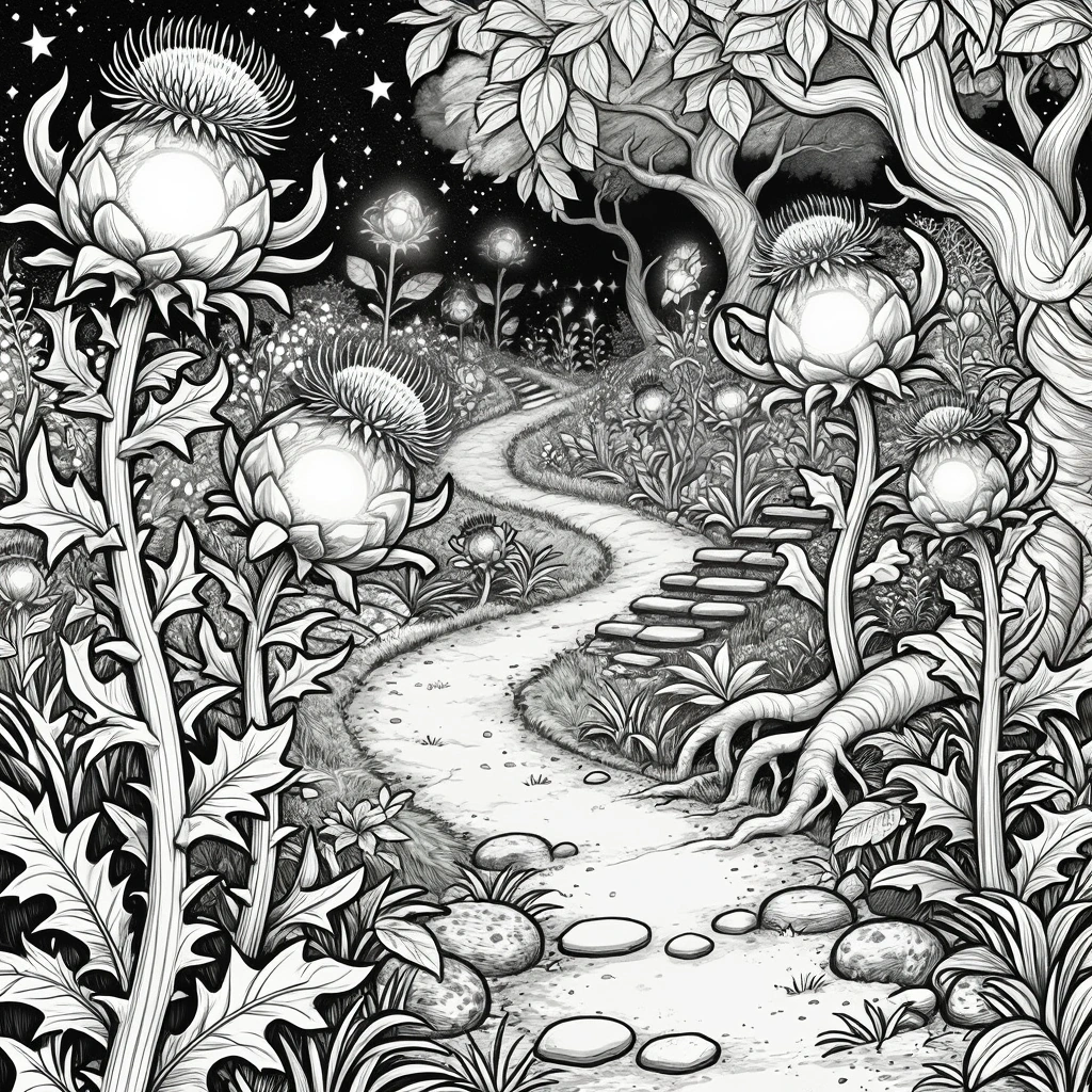 Black and white detailed coloring page illustration of a magical moonlit flower garden with a winding path, glowing blossoms, and dense foliage; great for kids' coloring page, printable coloring page.