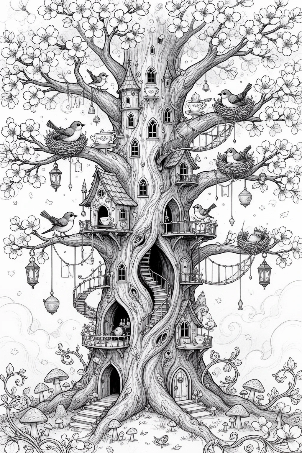 Moonlit Tiny Bird Kingdom coloring page.