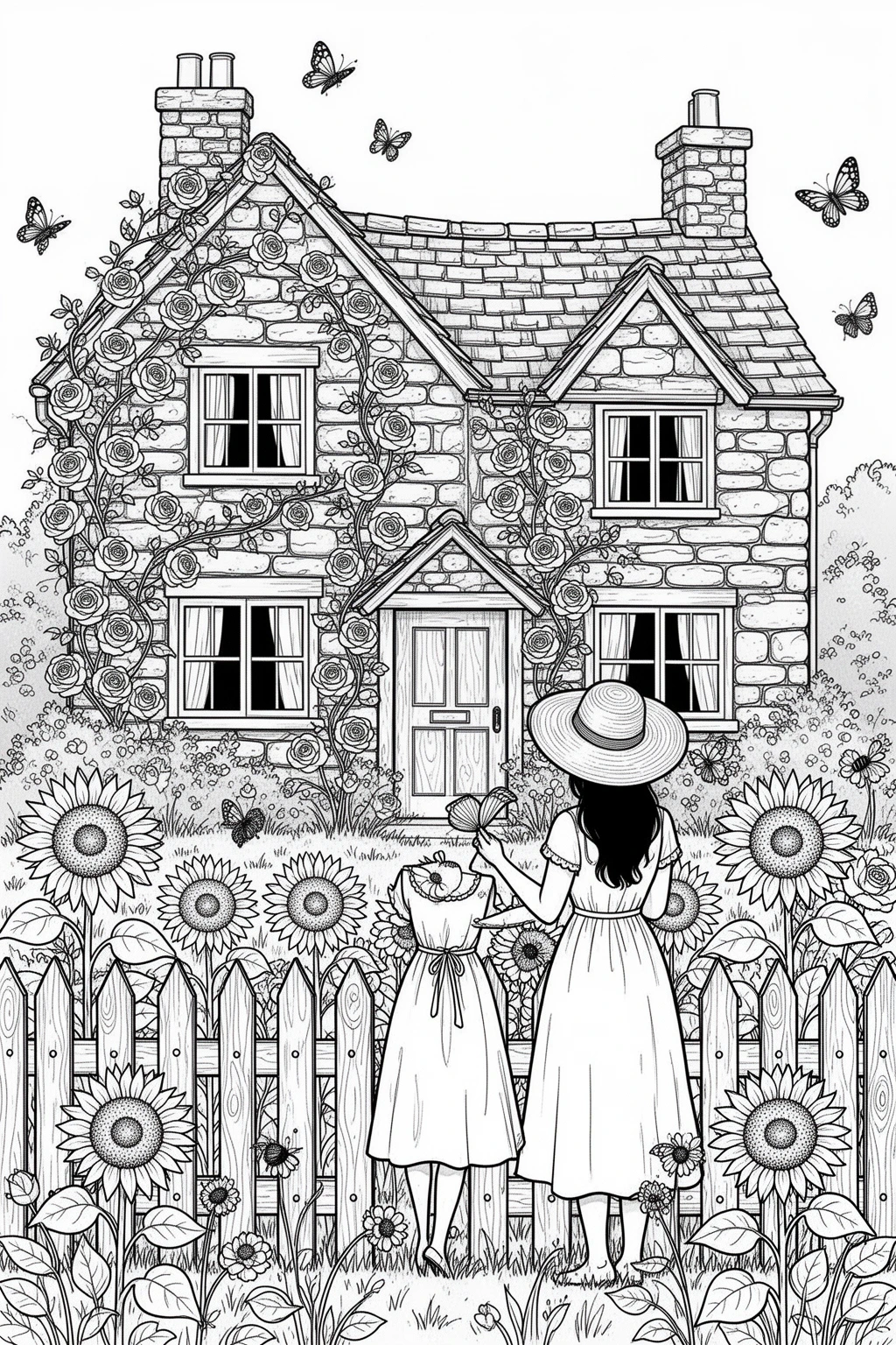 Mother's Day Cottage Garden coloring page Free Printable for Adults.