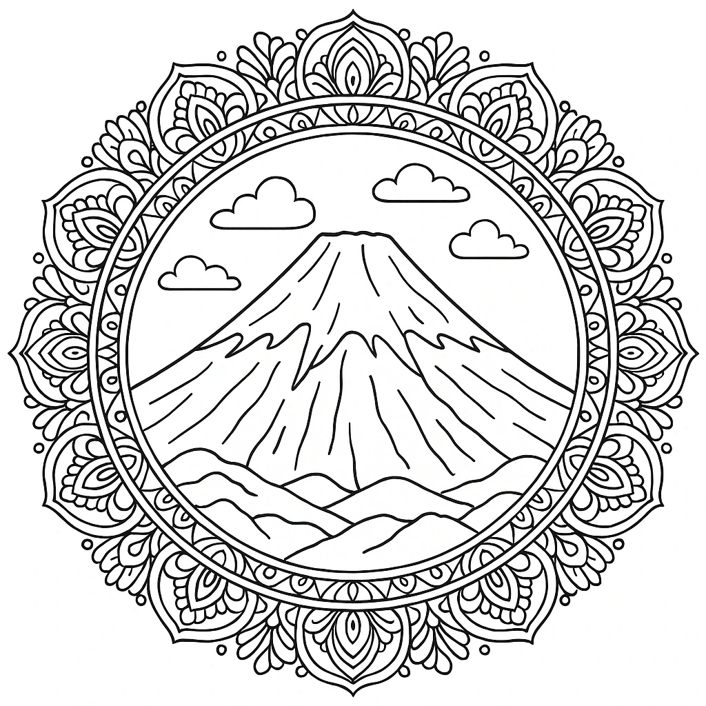 Mountain mandala coloring page intricate mandala border with mountain scene, printable coloring page style, detailed coloring page, kids' coloring page, coloring sheets.