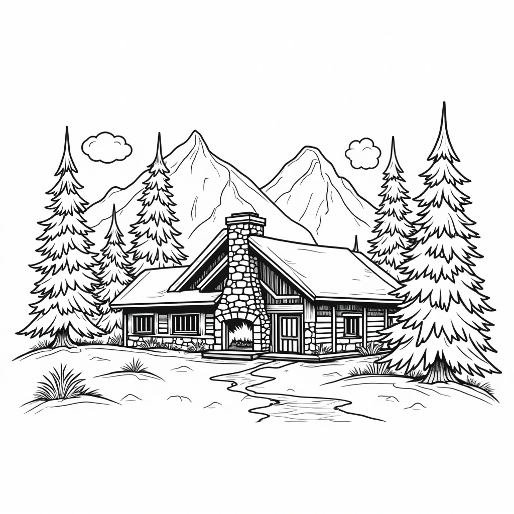 Black-and-white cabin scene line art for a printable coloring page: detailed coloring page featuring a mountain cabin, pine trees, and stream perfect kids' coloring page and coloring sheets for