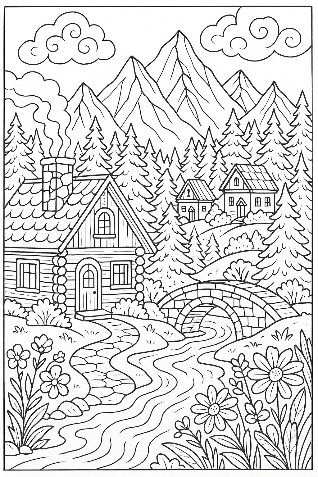 Black-and-white mountain cabin coloring page featuring a log house, chimney with smoke, pine trees, stone bridge over a stream, flowers in the foreground and mountains in the background detailed