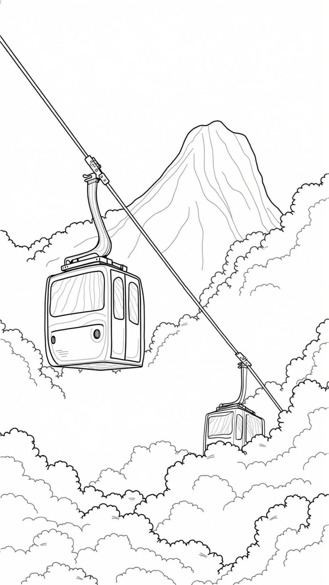 Black-and-white mountain cable car coloring page for printable coloring page: detailed coloring page, kids' coloring page, printable coloring page, coloring sheets gondolas over clouds and a mountain.