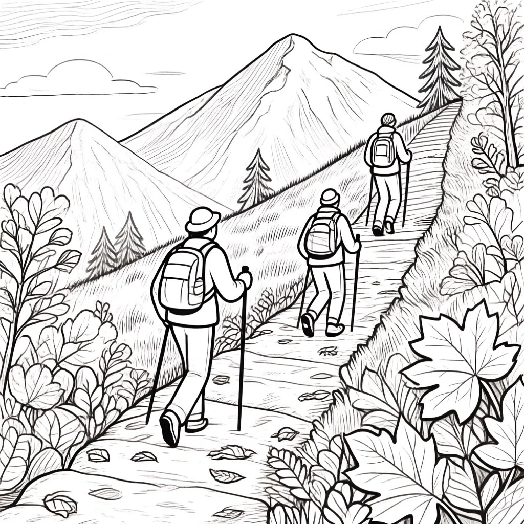 Three hikers walking up a mountain trail surrounded by plants and trees detailed coloring page, kids' coloring page, printable coloring page, coloring sheets.