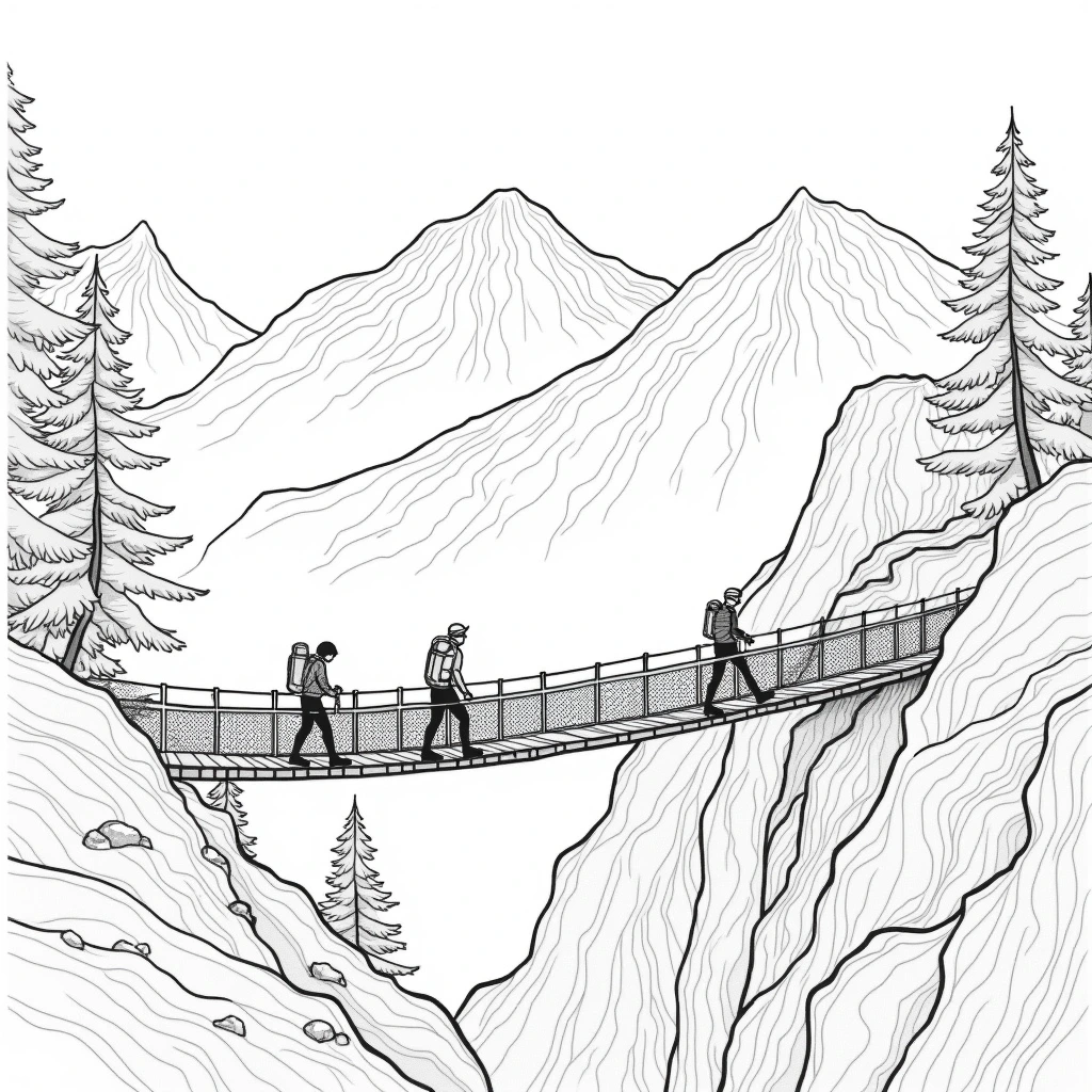 Black-and-white mountain landscape coloring page showing three people hiking across a suspension bridge with pine trees and rugged cliffs printable coloring sheet for kids' coloring page and detailed