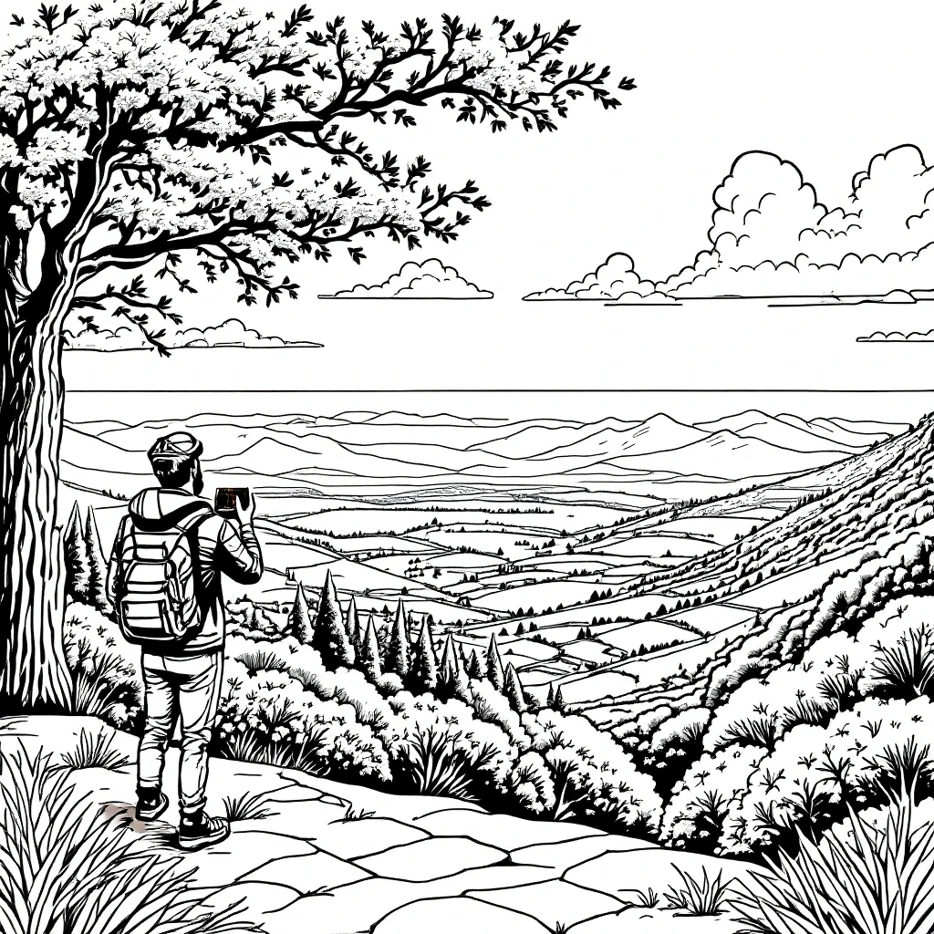 Black-and-white landscape coloring page of a hiker with a backpack overlooking mountains and valleys; detailed coloring page, kids' coloring page, printable coloring page style coloring sheets