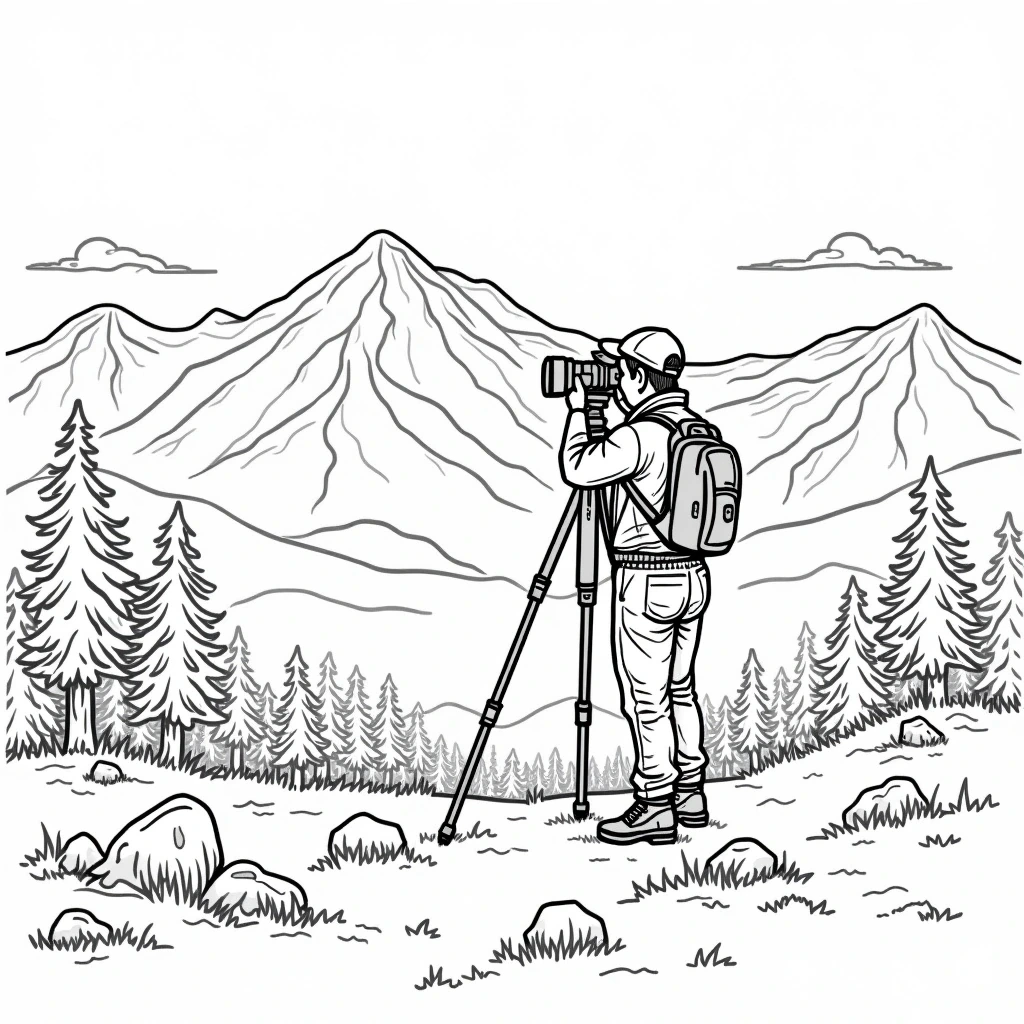 Black-and-white line art of a person photographer with a backpack using a camera on a tripod in front of mountains and pine trees. A printable coloring page suitable for kids' coloring page, detailed