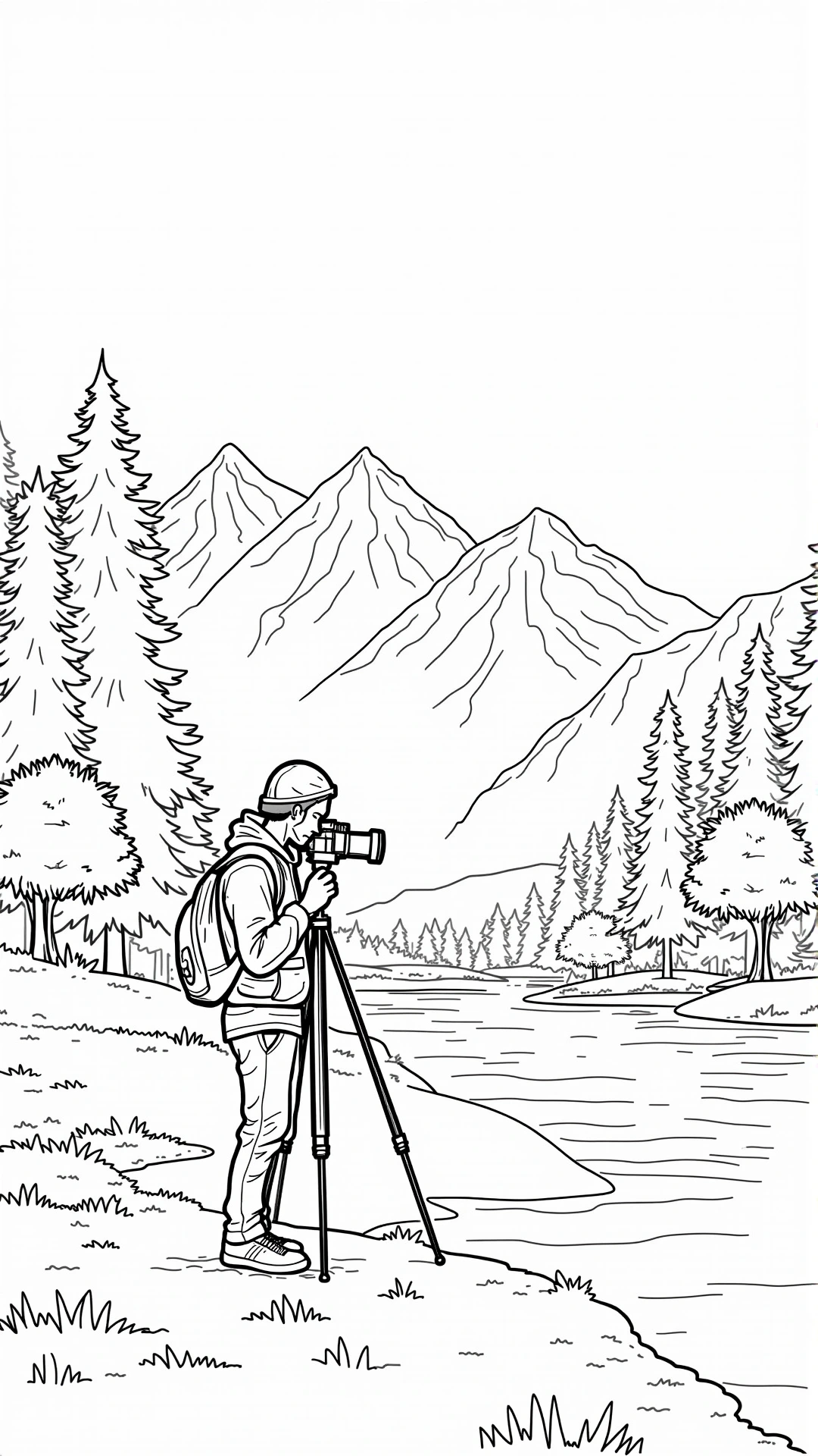 Line art of a person photographing mountains by a river printable coloring sheet for a printable coloring page, detailed coloring page and kids' coloring page; coloring sheets suitable for people who