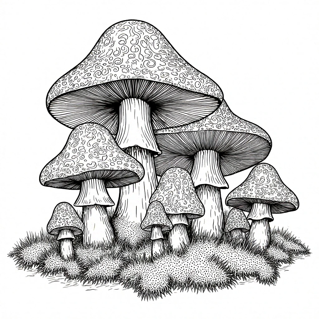 Detailed coloring page of mushrooms surrounded by grass, ideal for printable coloring sheets.