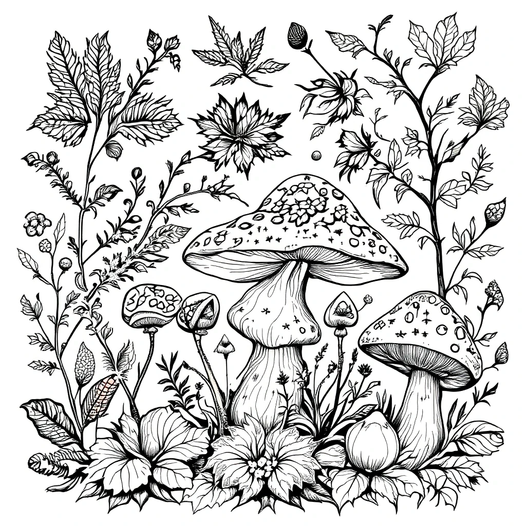 Black and white enchanted mushroom garden coloring page with mushrooms, wildflowers and leafy stems detailed coloring page, kids' coloring page, printable coloring page and coloring sheets for spring
