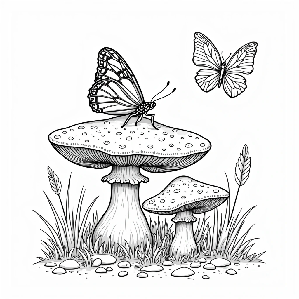 Black-and-white mushroom and butterfly nature scene detailed coloring page and kids' coloring page ready as a printable coloring page and coloring sheets for spring and summer craft use.