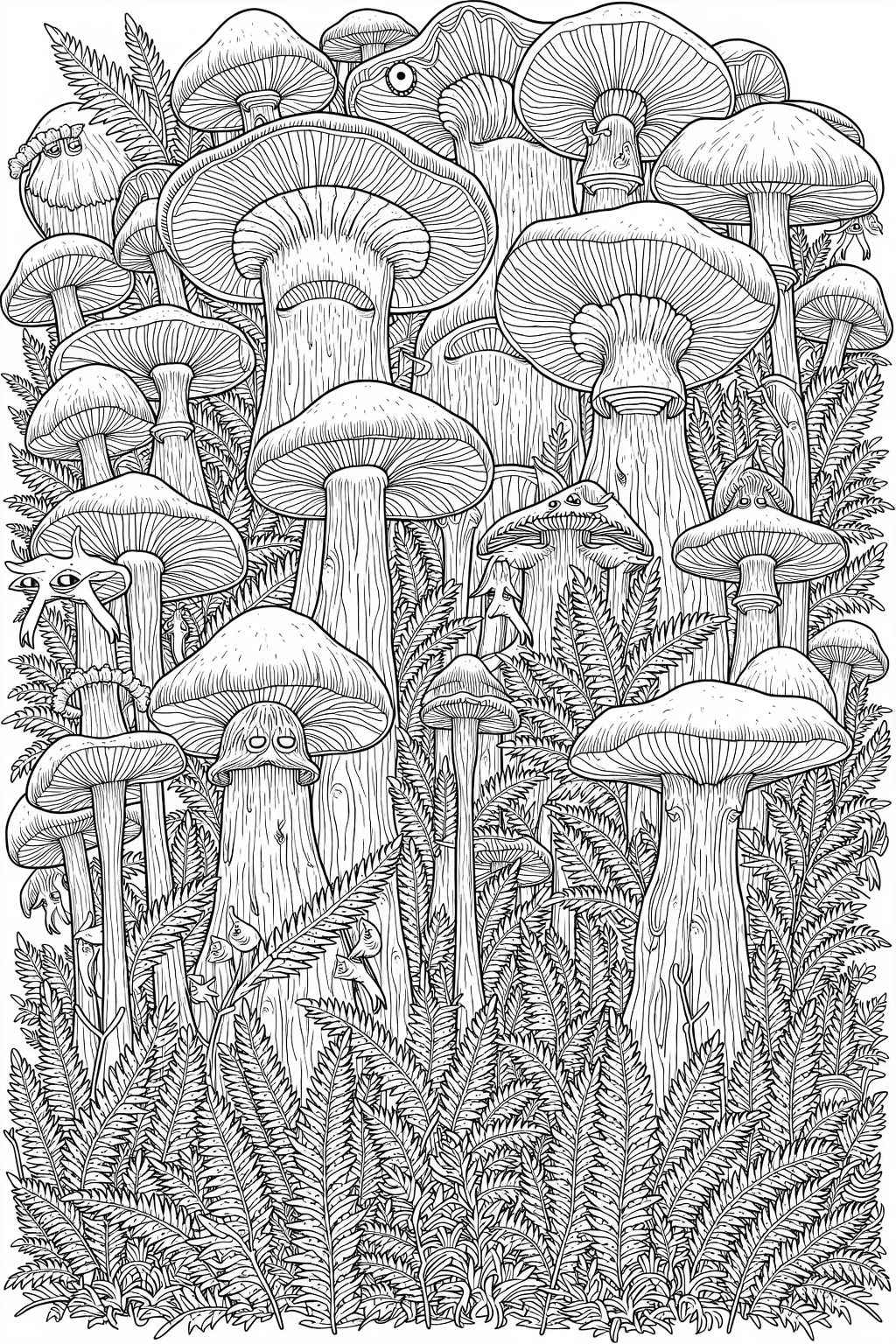 Intricate black-and-white mushroom forest line art for a printable coloring page featuring detailed coloring page, kids' coloring page, and coloring sheets with ferns and hidden faces perfect as a