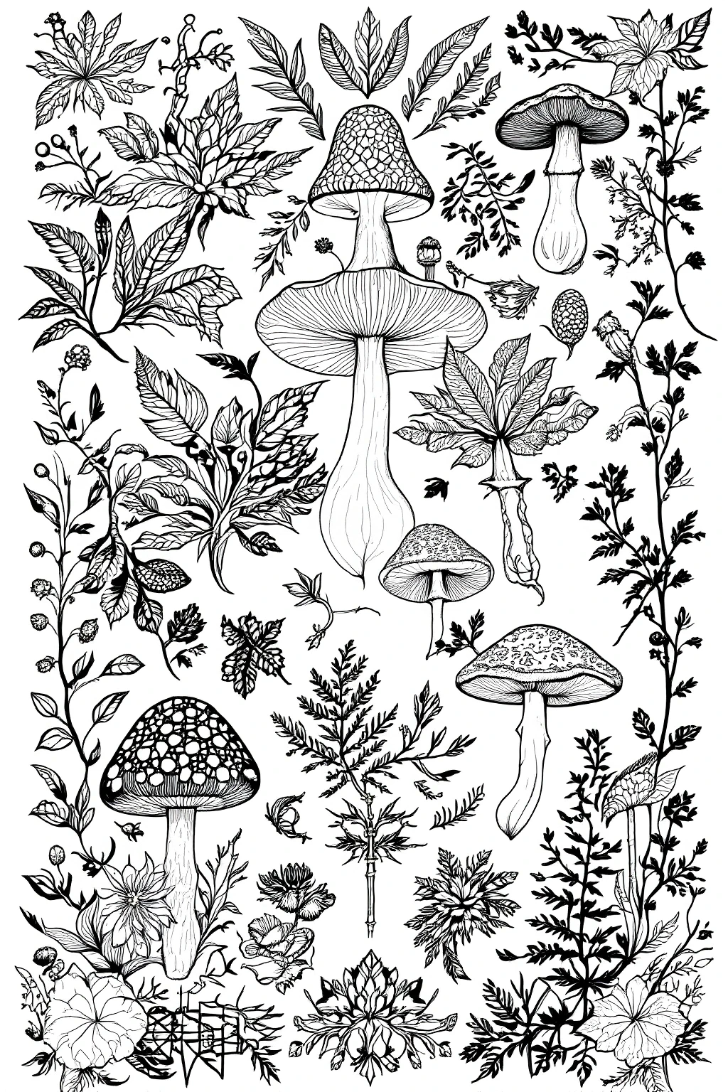 Black-and-white botanical and mushroom line art for printable coloring page featuring detailed coloring page, kids' coloring page, coloring sheets and a printable coloring page.