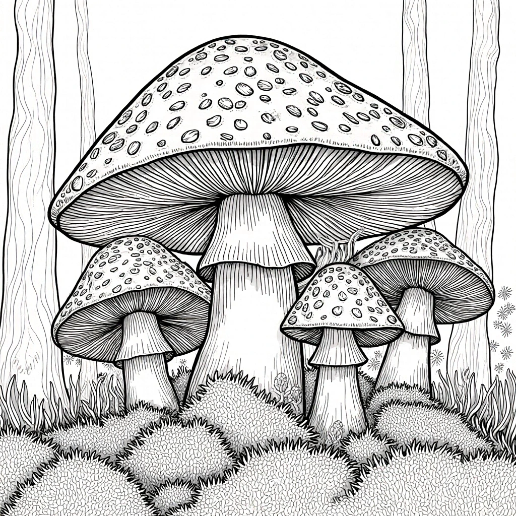 Detailed coloring page featuring large mushrooms in a forest setting, perfect for printable coloring activities.