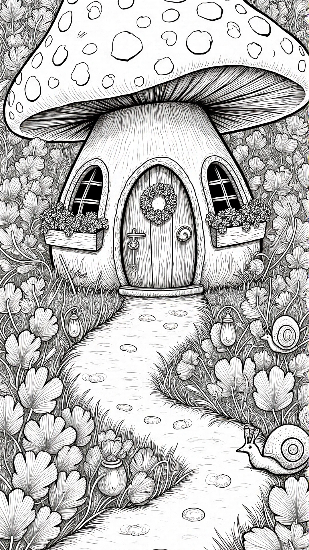 Black-and-white mushroom house line art detailed coloring page for kids' coloring page and adult use. printable coloring page style coloring sheets and printable coloring page. Spring garden scene